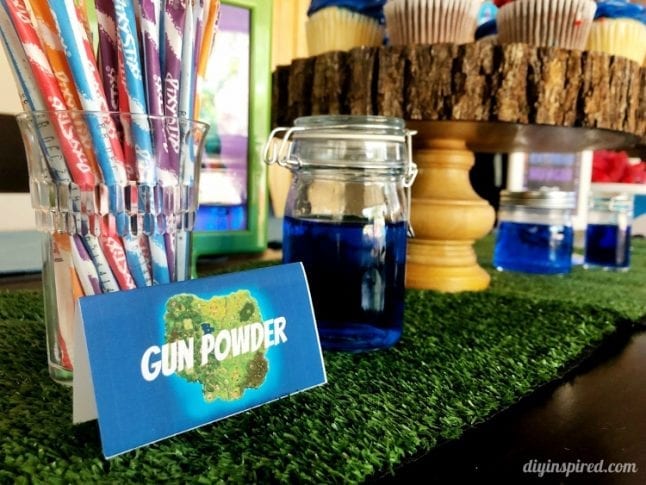 Gun powder is just pixie stix candy with a festive label. An easy Fortnite party idea for kids.