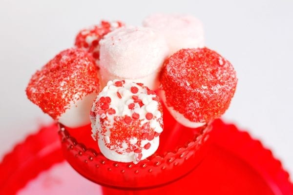 Valentine's Day Marshmallow Pops with chocolate and sprinkles.