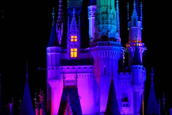 Cinderella Castle lit up for the Villains event.