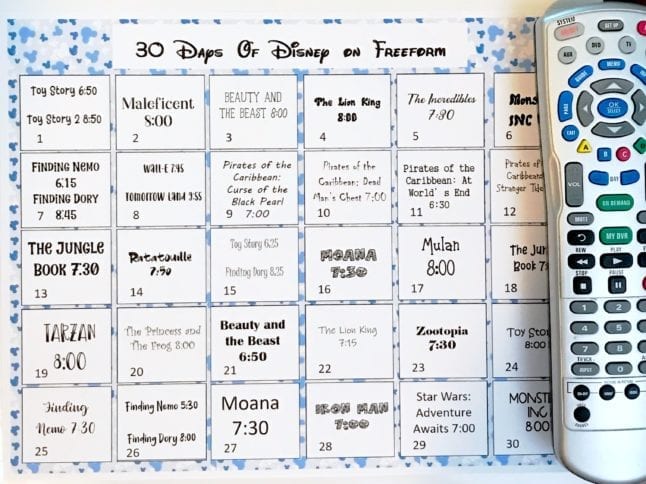 Print out the entire DIsney movie schedule for Freeform's 30 Days of Disney programming!