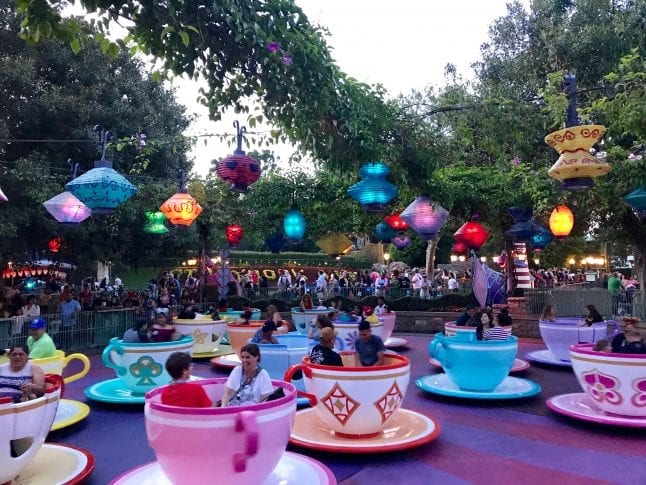 Classic attraction, Mad Tea Party, at dusk in Disneyland Park.