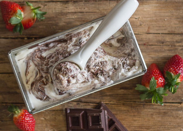 Chocolate ripple ice cream with strawberries